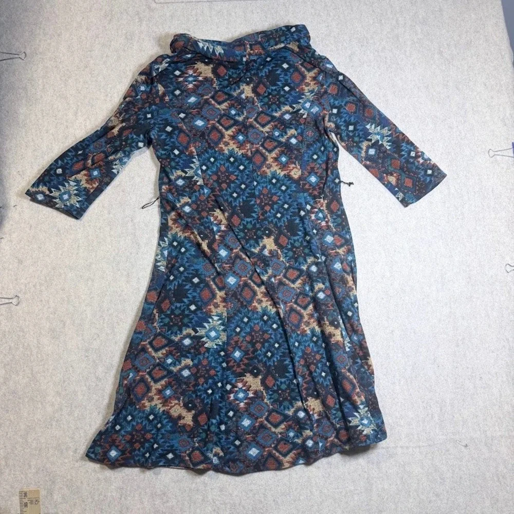 NorthStyle Dress Womens M Blue Poly Knit Southwestern Cowl Neck Boho Western